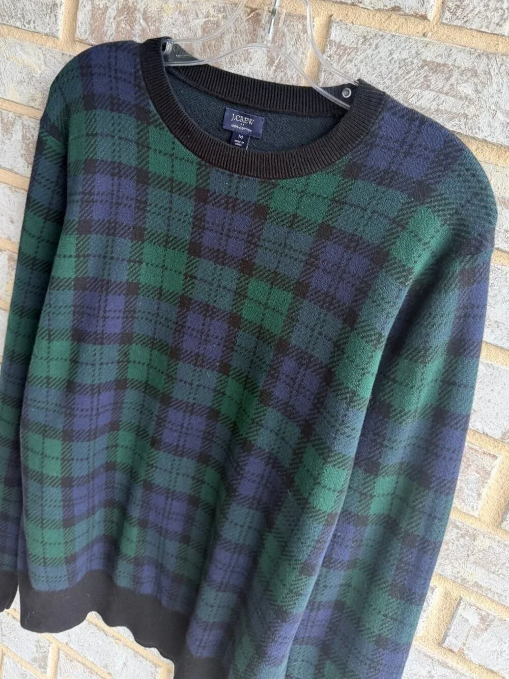 J. Crew Long Sleeve Crew Neck Blue/Green Plaid 100% Cotton Sweater Men's Size M